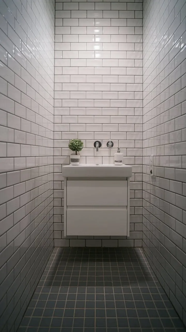 This compact bathroom harmoniously blends simplicity and modern elegance, featuring grey tiles, white walls, and a sleek wall-mounted faucet for a serene retreat.