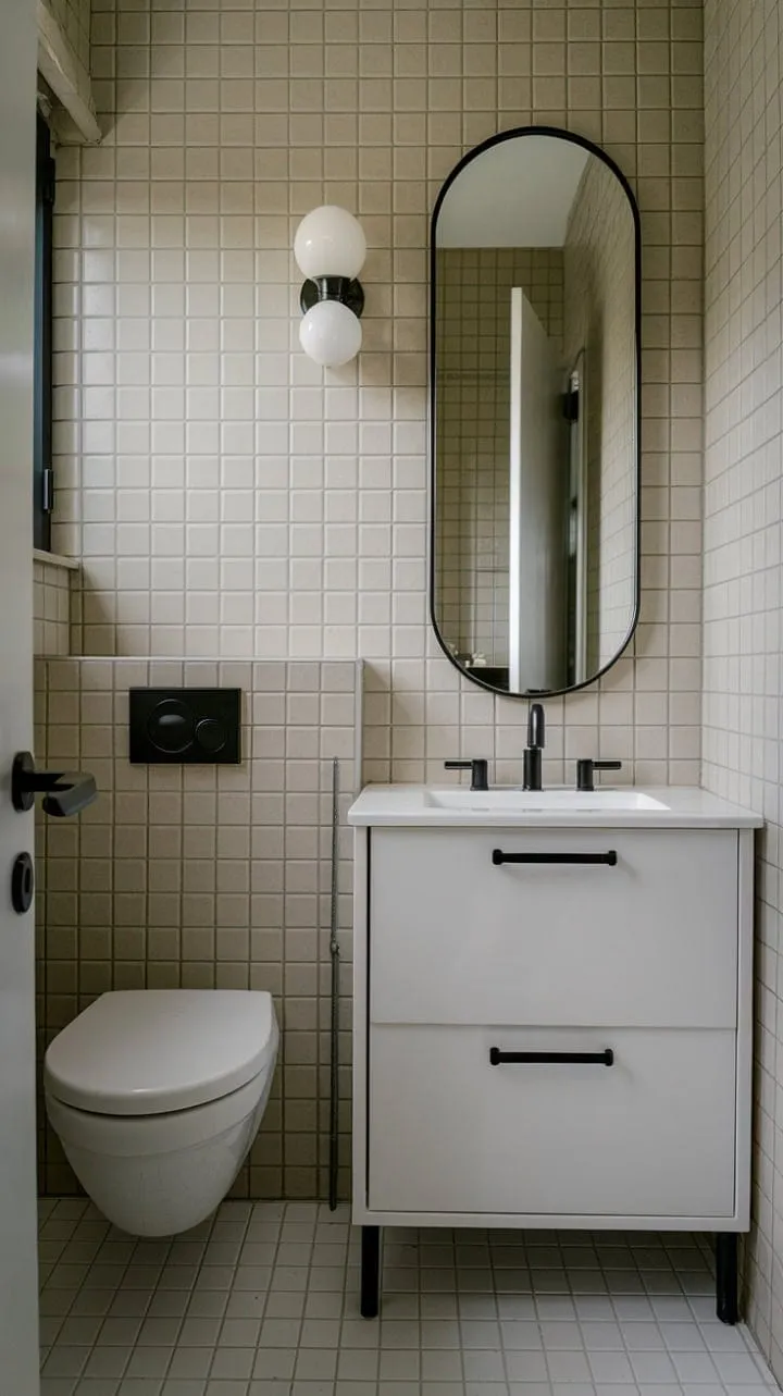 This minimalist bathroom elegantly combines clean lines and modern drama with a crisp white vanity, sleek black faucet, and warm beige tiles for a serene escape.