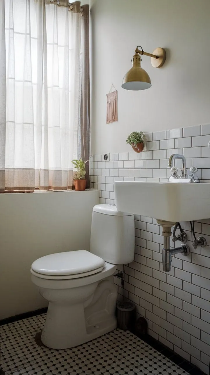 A stylish minimalist retreat harmoniously fuses sleek black and white design with warm brass accents and refreshing greenery.