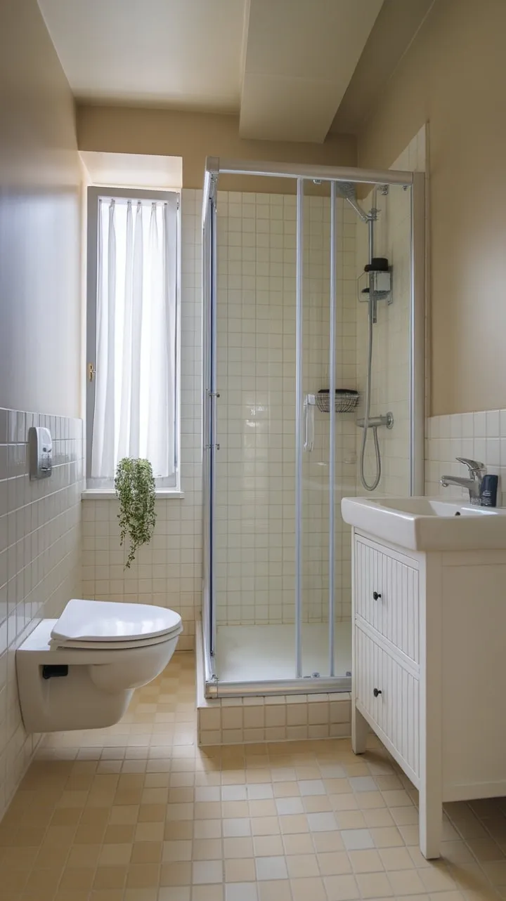 This compact bathroom harmoniously combines minimalist design and natural elements, creating a serene sanctuary of style and functionality.
