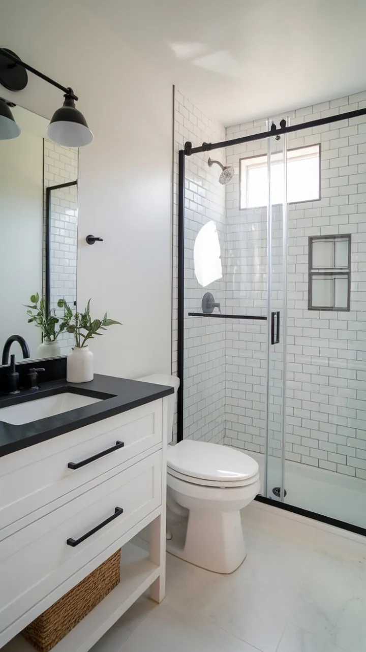 This elegantly minimalist bathroom showcases a striking interplay of clean lines and black accents against a pristine white backdrop, embodying the essence of "less is more."