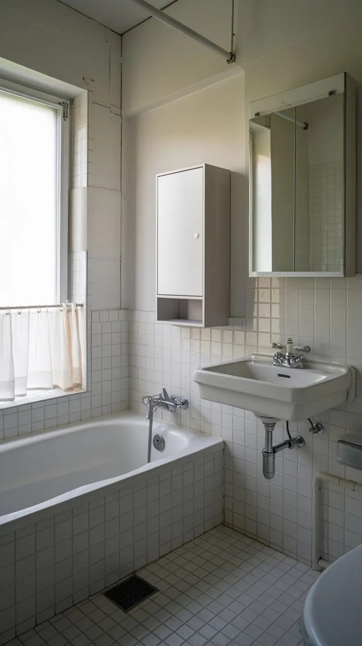 This compact bathroom exemplifies the beauty of minimalism, showcasing an airy elegance through its crisp white palette and smart space-saving features.