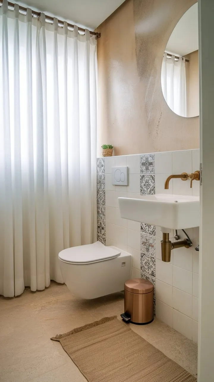 This stylish compact bathroom showcases how elegance can thrive in small spaces through a masterful blend of color, texture, and metallic accents.