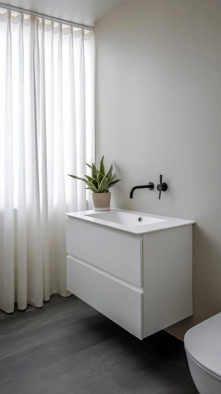 This stylish compact bathroom showcases that elegance thrives in small spaces, blending a white vanity with a gray floor and chic fixtures for a serene retreat.