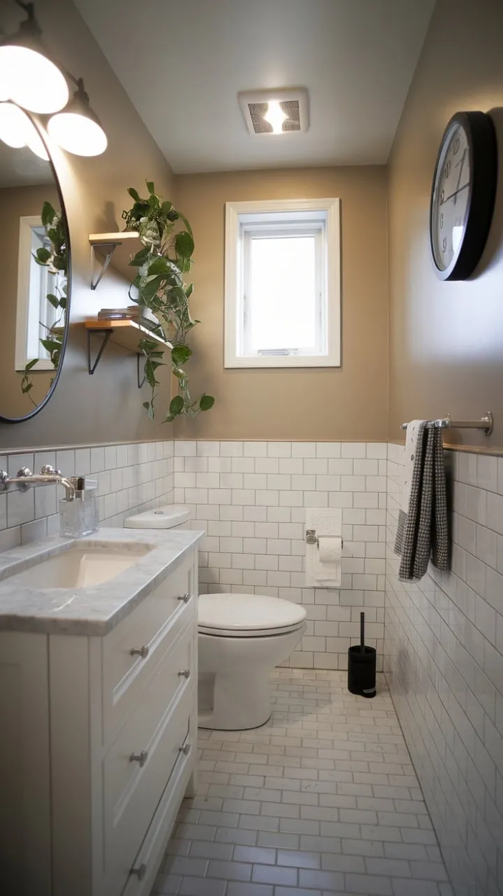 This minimalist powder room elegantly combines clean lines, a marble countertop, and a lively potted plant to showcase modern design at its best.
