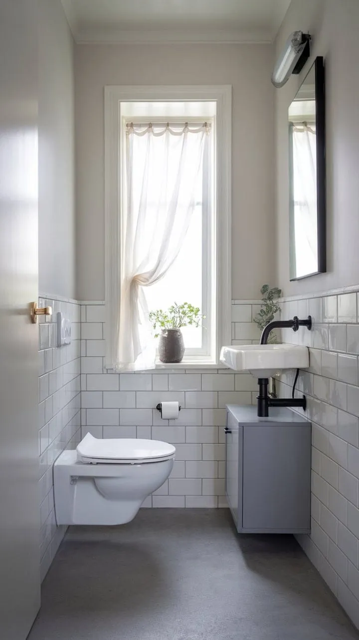 In this powder room, sleek black fixtures and gray cabinetry harmonize with crisp white walls and subtle greenery, creating a serene oasis of modern minimalism and functionality.