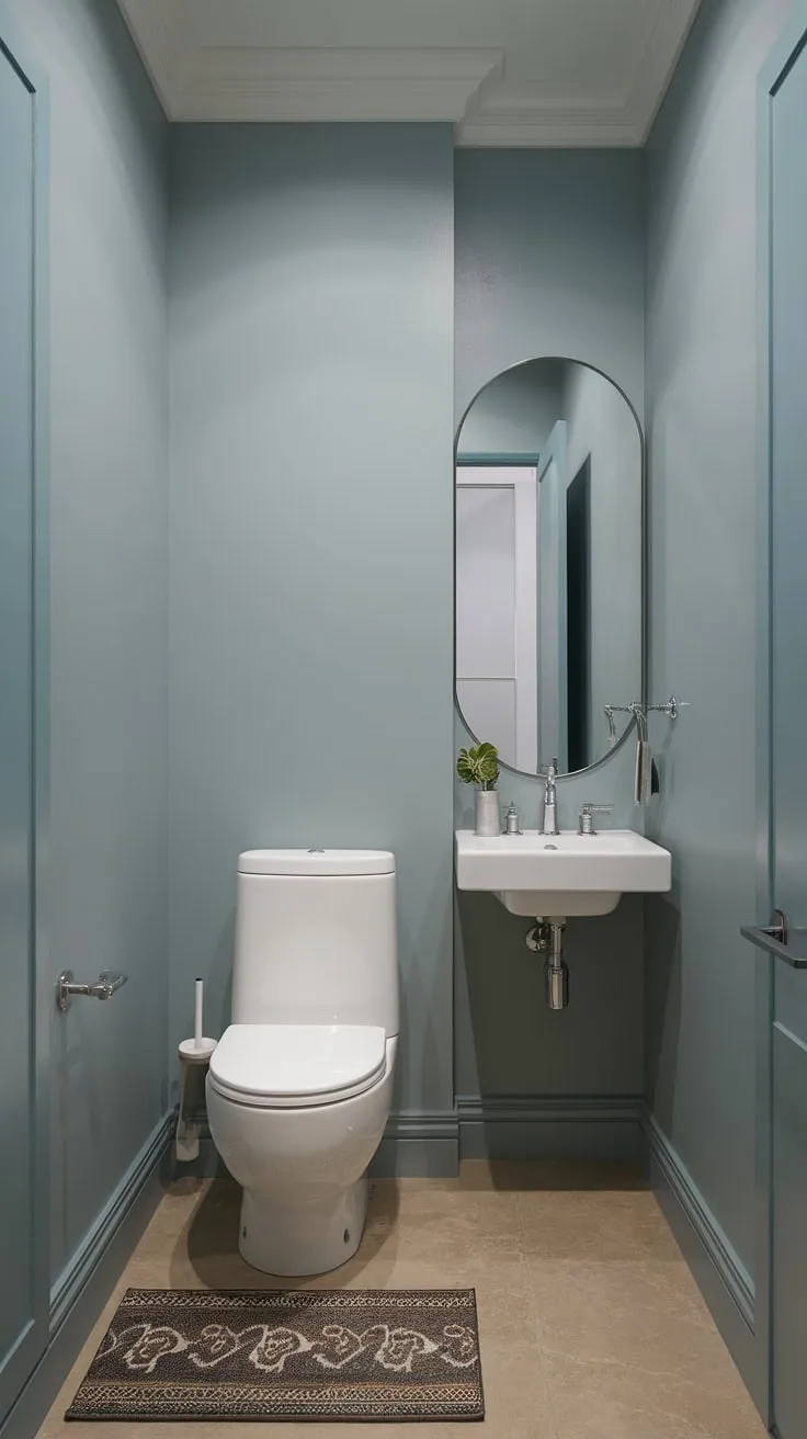Serene and sophisticated, this powder room's minimalist design maximizes space and style. The calming light blue walls and clean lines create a sanctuary for a quick refresh. A perfect example of how less is truly more.