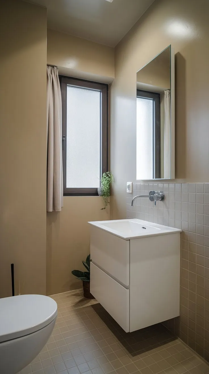 This small but perfectly formed bathroom proves that less is more. The clean lines of the white vanity and the subtle beige palette create a sense of calm and spaciousness. A simple plant and a window with a sheer curtain add warmth and personality, making it a truly inviting space.