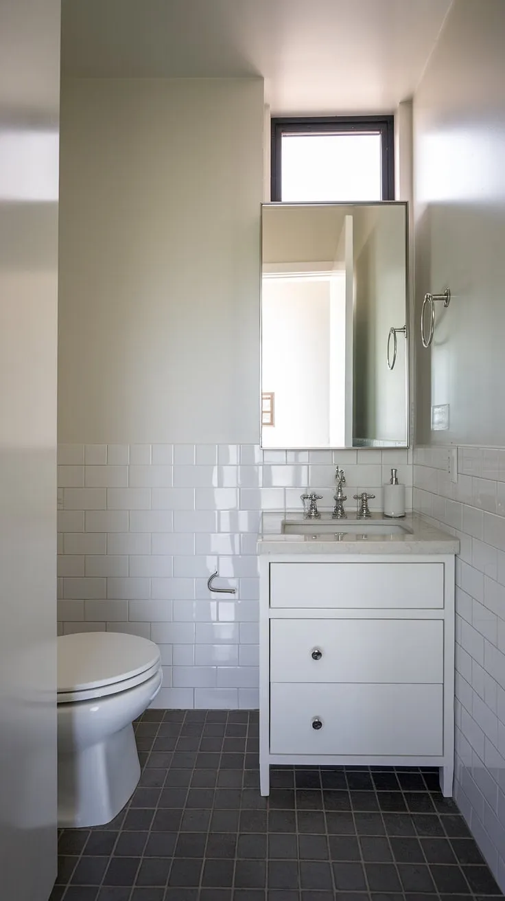 This compact powder room proves that small spaces can be incredibly stylish. A simple white vanity, dark gray floor tiles, and a touch of natural light from a high window combine to create a surprisingly spacious and elegant feel.