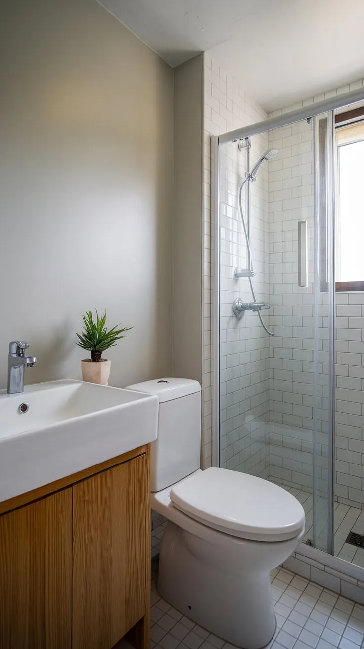 Clean lines and calming colors define this minimalist bathroom. The white sink and toilet, set against the soft gray walls, create a sense of spaciousness. The wooden vanity adds warmth, while the small window and plant bring in natural light and life, making it a truly inviting space.