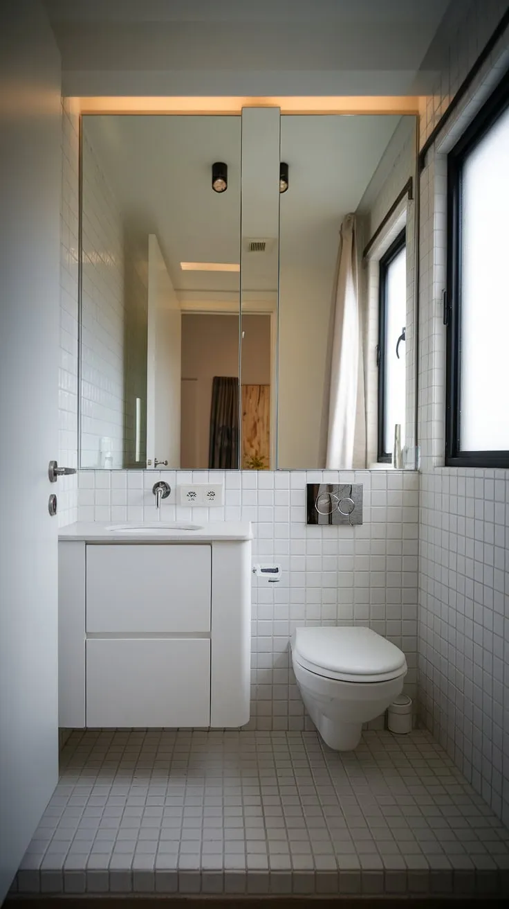 This compact yet stylish powder room boasts a sleek white vanity and wall-hung toilet, maximizing space without sacrificing elegance. A touch of natural light from the window completes the calming atmosphere.