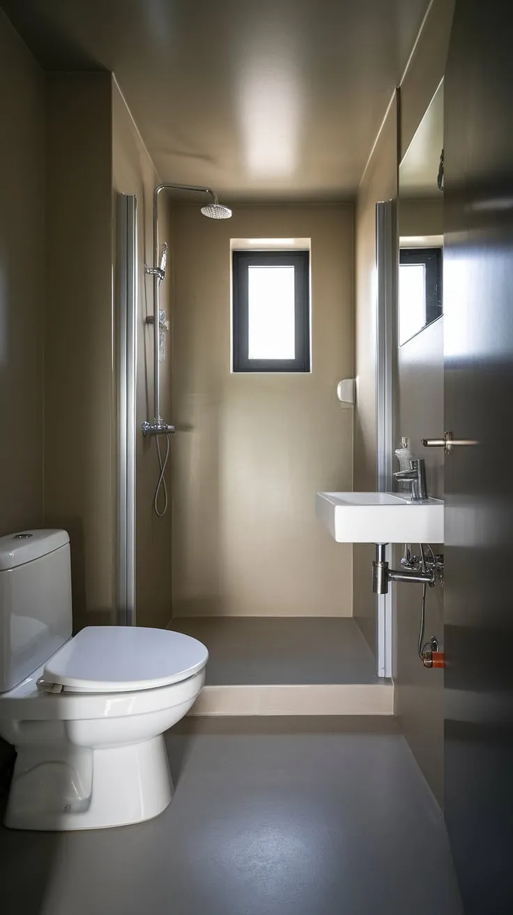 Clean lines and bright light define this minimalist bathroom; a sanctuary of calm where even the smallest space feels spacious. The neutral palette, from the grey floor to the beige walls, creates a serene atmosphere. A perfectly appointed space for quiet contemplation.