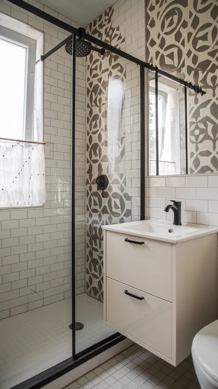 This compact bathroom proves that style doesn't require a large footprint. The white tile floor and vanity are beautifully complemented by the black faucet and patterned tile accent, while the glass shower enclosure maximizes the sense of openness and light.