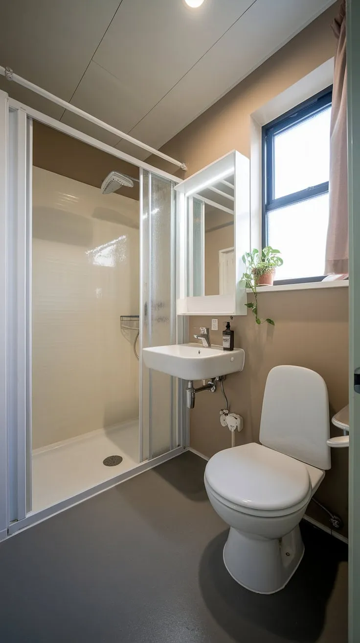 This compact bathroom proves that style doesn't require a large footprint. The clever use of light, the calming color scheme, and thoughtful details like the small plant and floating shelf make this a truly inviting and functional space. A testament to efficient and elegant design.