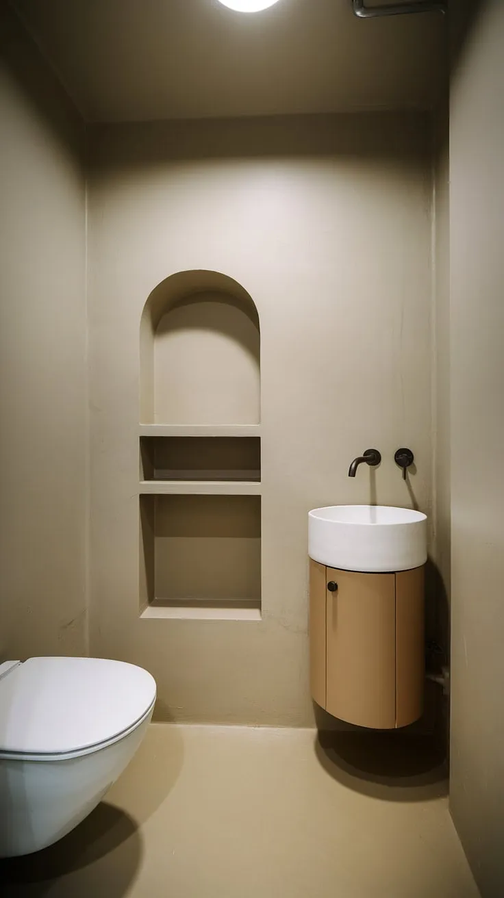 This compact bathroom proves that style doesn't require a large footprint. The thoughtful use of beige and white creates a sense of spaciousness, while the simple shelf provides practical storage. A truly functional and aesthetically pleasing design.