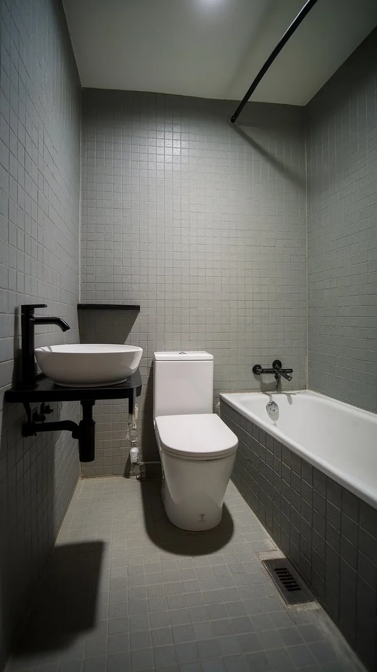 Maximize your space without sacrificing style. This compact bathroom proves that even a small footprint can accommodate modern design elements, showcasing a sleek aesthetic with a white bowl sink, black faucet, and a calming gray bathtub. A perfect blend of functionality and contemporary charm.