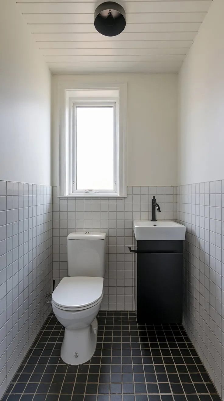 Clean lines and a sophisticated contrast define this small but perfectly formed bathroom. The black and white palette, accented by the sleek black cabinet and faucet, creates a space that's both stylish and functional. A perfect example of how even a small space can feel luxurious.