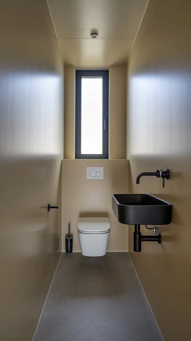 This compact bathroom proves that modern design doesn't require a large footprint. The black sink and minimalist faucet are striking against the beige walls, while the grey floor adds a touch of understated elegance. The efficient layout and small window make it feel surprisingly spacious and bright.