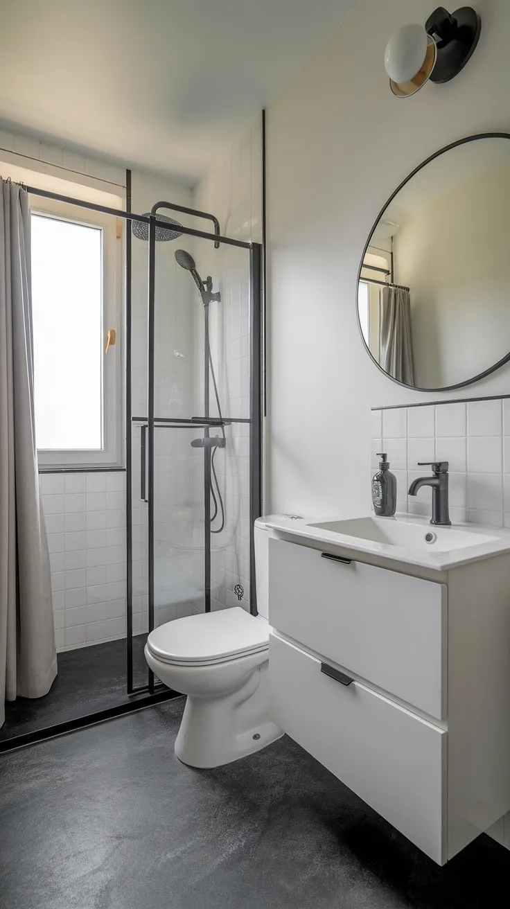 This small but perfectly formed bathroom boasts a sleek modern design. The white vanity, black faucet, and round mirror create a sophisticated contrast against the grey floor, while the glass shower enclosure and window with sheer curtain add a touch of airy elegance. A perfect blend of style and functionality.
