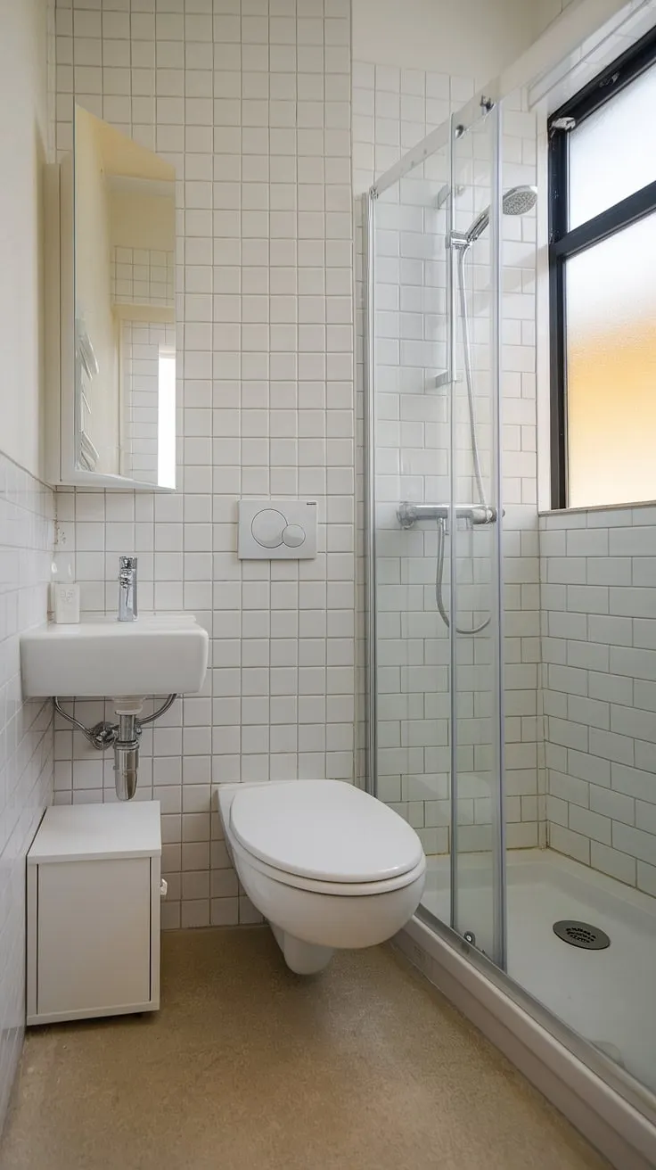 Clean lines and calming serenity define this minimalist bathroom; the frosted window allows soft, diffused light to enhance the space's airy feel, creating a sanctuary for quiet contemplation. A perfect example of how less can truly be more.
