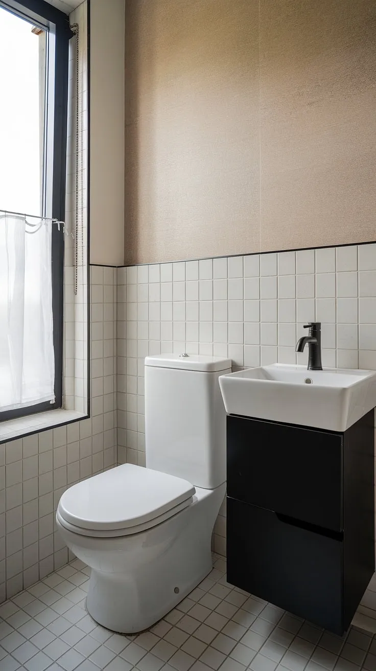 This minimalist bathroom proves that small spaces can be stunning. A simple palette of white and black is elevated by the textured beige wall and the carefully chosen black cabinet under the sink. The result? A serene and functional space that feels both luxurious and effortlessly chic.