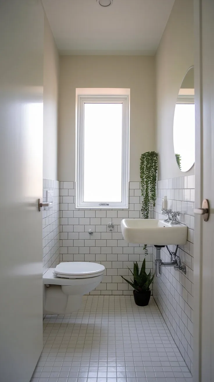 A sanctuary of serenity, this powder room's minimalist design, featuring clean white tiles and a touch of greenery, offers a tranquil escape. The simple elegance speaks volumes.