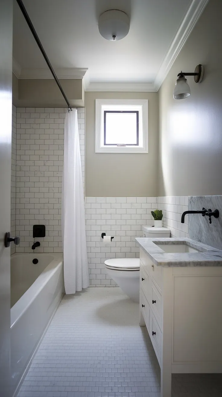Sleek and sophisticated, this powder room boasts a minimalist design with a marble countertop, black accents, and a calming gray palette. The space feels surprisingly spacious despite its compact size, a testament to thoughtful design.