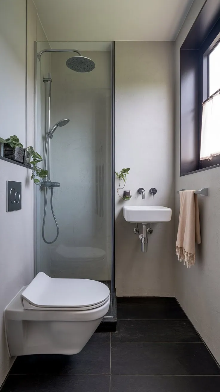 Clean lines and calming serenity define this minimalist bathroom. The rainfall showerhead, wall-mounted sink, and subtle grey tones create a spa-like atmosphere, perfectly complemented by the small window and a touch of greenery. A perfect example of how less can be so much more.