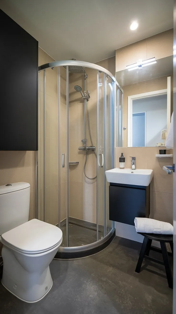 Clean lines and calming neutrals create a spa-like sanctuary in this small but perfectly formed bathroom. The sleek black accents add a touch of modern sophistication, while the bright lighting and airy feel make it the perfect place to start and end your day.