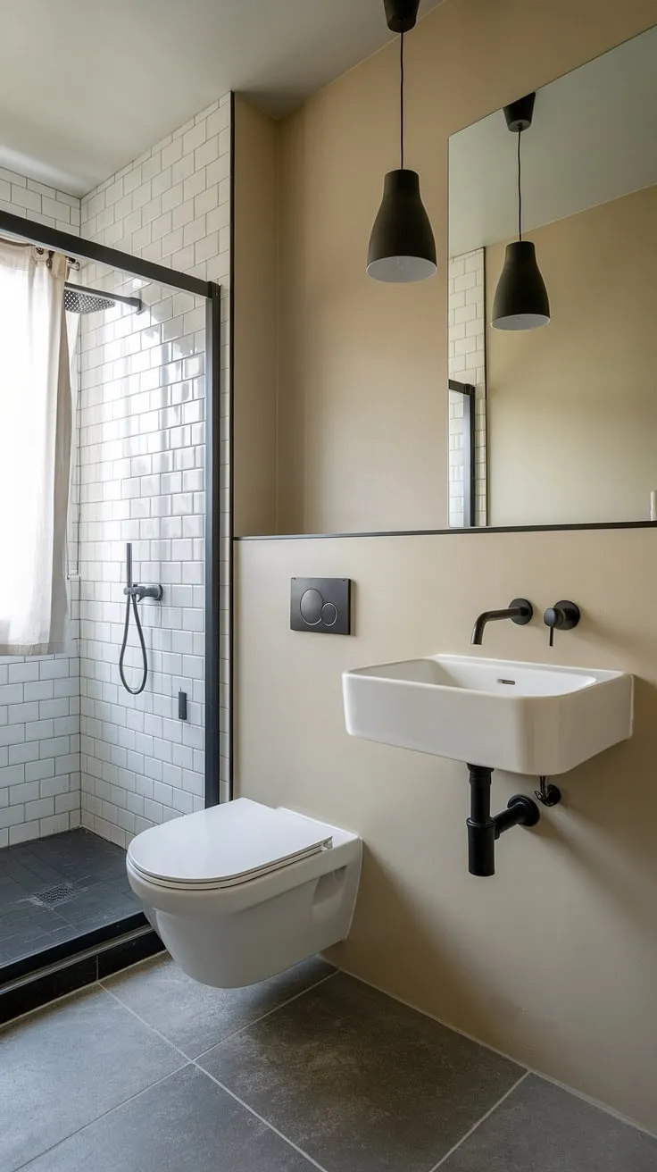 Modern minimalism meets functionality in this compact bathroom. The sleek black fixtures contrast beautifully against the beige walls and grey tiles, creating a serene and stylish space. A perfect blend of form and function, this design maximizes space without compromising on style.