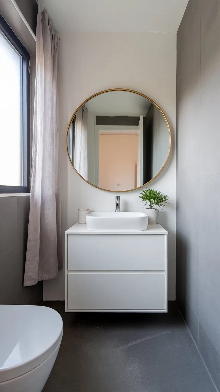 A calming oasis awaits. The simple yet stylish design of this small bathroom, featuring a white vanity, a large round mirror with a gold frame, and a touch of greenery, proves that even a compact space can be both functional and aesthetically pleasing.