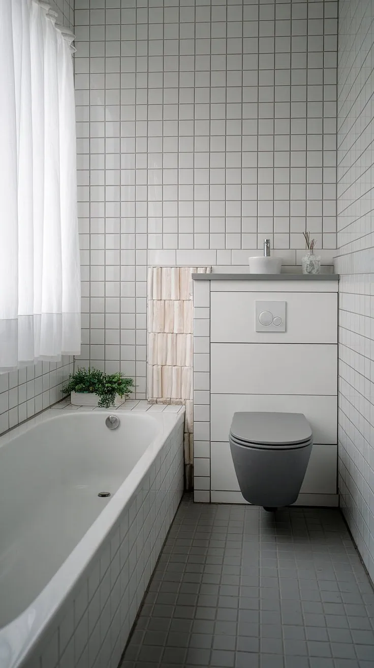 This small but perfectly formed bathroom boasts a sophisticated design. The white-tiled walls and gray floor create a sense of spaciousness, while the sleek white bathtub and gray toilet offer a modern aesthetic. A simple plant adds a touch of nature to this tranquil escape, making it the perfect place to unwind and de-stress.