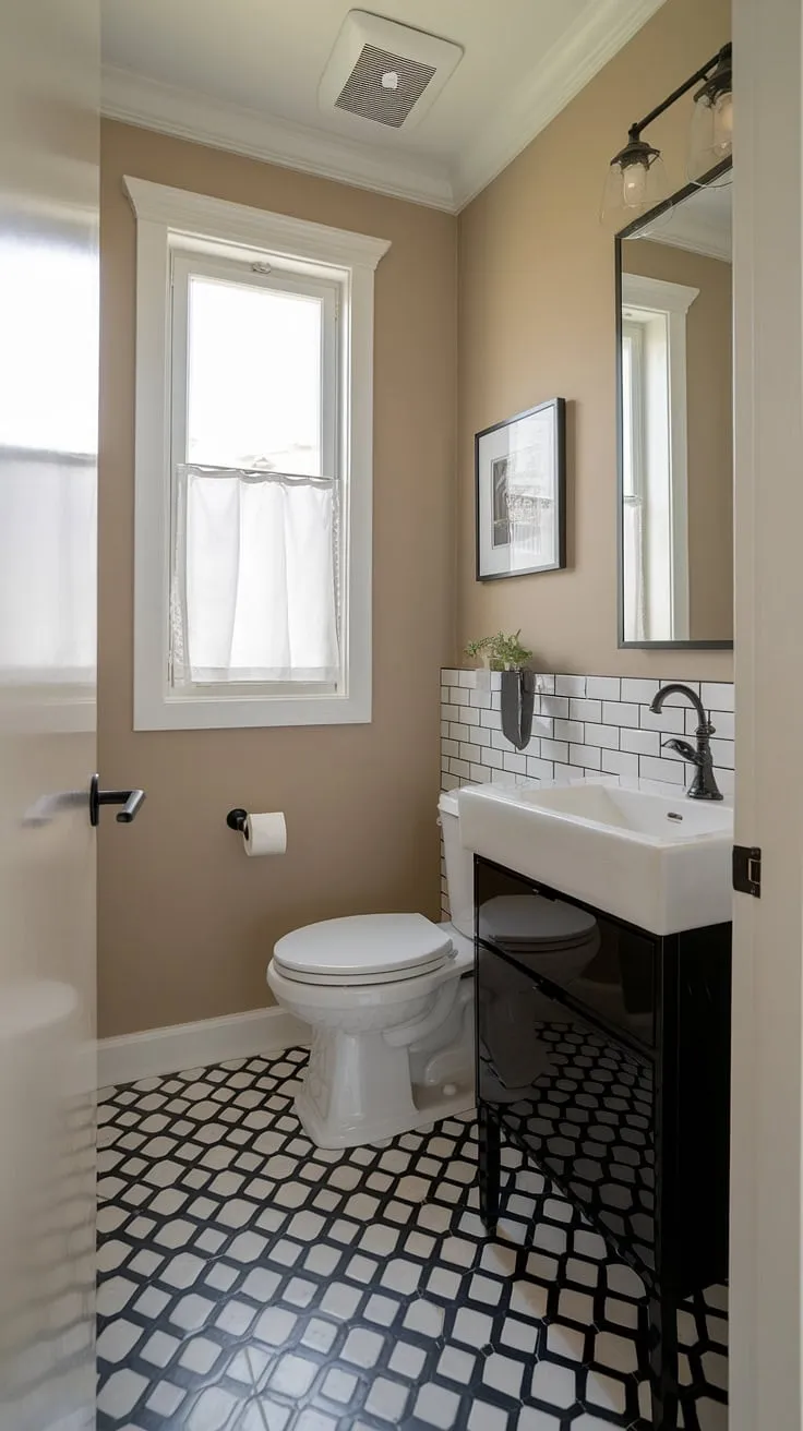 A small space, maximized. This powder room remodel proves that even the tiniest bathroom can be stylish and functional, showcasing a modern design with clean lines and a striking black and white geometric tile floor. The black vanity adds a touch of sophistication against the beige walls, creating a serene and elegant atmosphere.