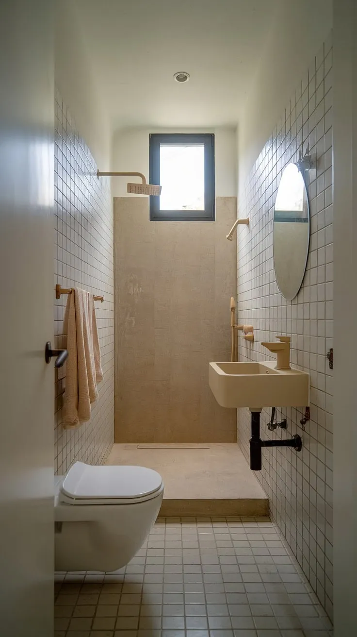 Clean lines and calming neutrals create a serene escape in this minimalist bathroom. The subtle beige accents, from the tile floor to the shower and faucet, complement the crisp white fixtures, creating a space that feels both modern and inviting. A small window allows natural light to filter in, enhancing the feeling of openness.