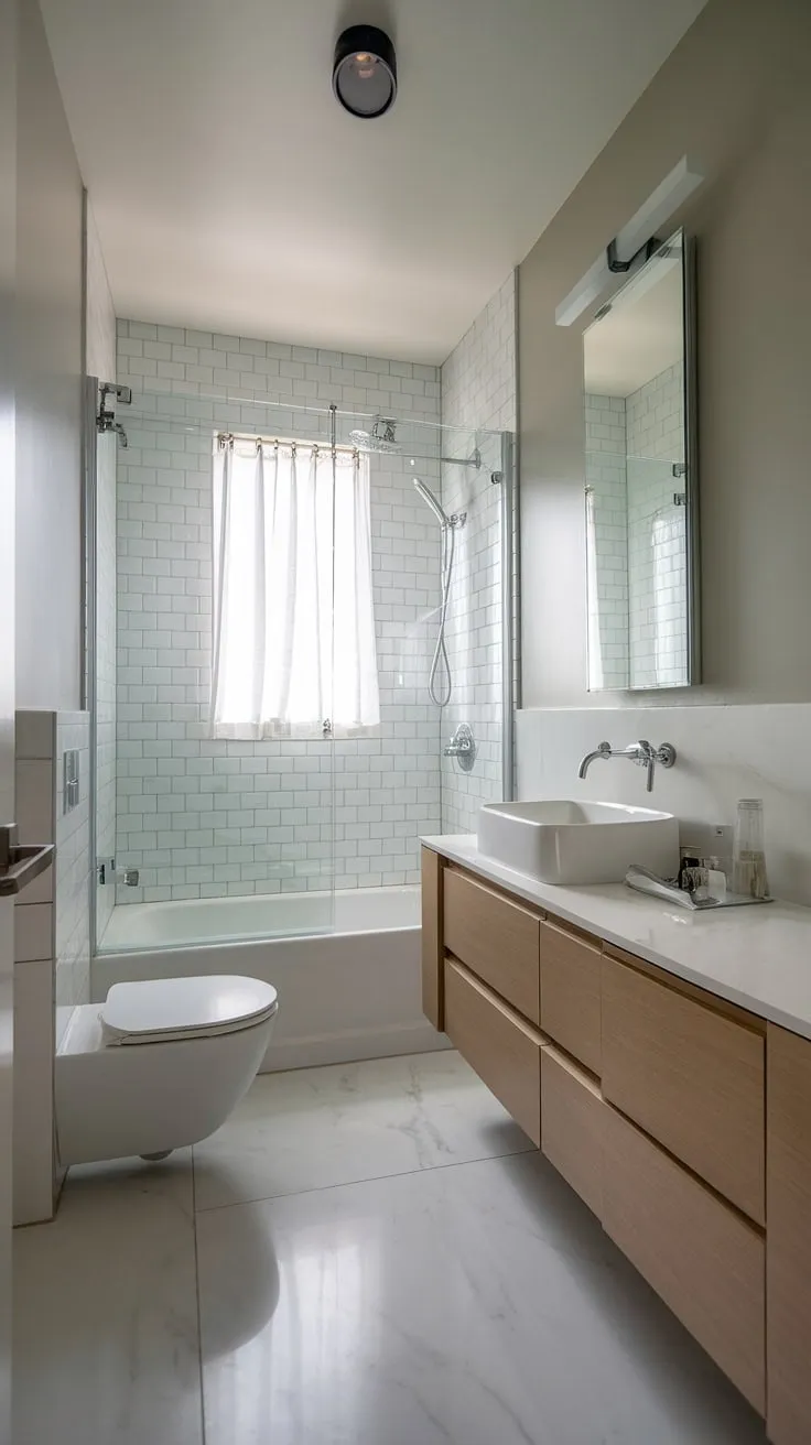 This minimalist bathroom design proves that even a small space can feel luxurious. The floating vanity, wall-mounted sink, and sleek shower enclosure create an airy and elegant ambiance. The white marble flooring and subtle gray walls complete the refined look.