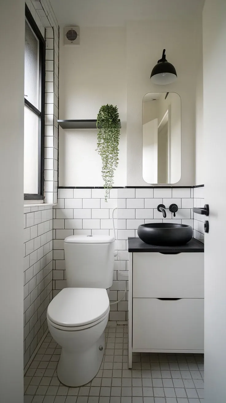 Clean lines and a touch of nature create a serene escape in this minimalist bathroom. The black accents against the white fixtures and tiled floor add a sophisticated contrast, while the small shelf with a plant brings a calming element to the space. A perfect blend of modern design and tranquil functionality.