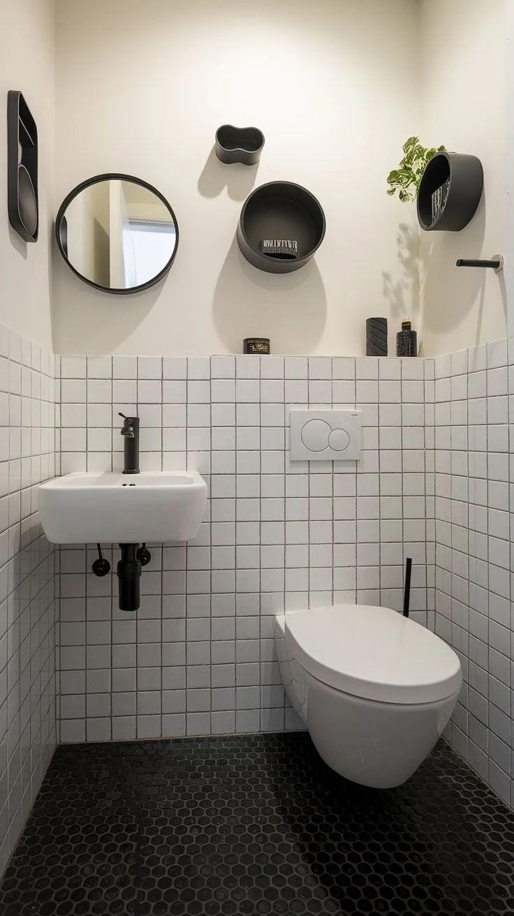 Small space, big style. This powder room proves that even a compact bathroom can be chic and functional with the right design choices. The black and white checkerboard floor adds a touch of playful sophistication, while the sleek white sink and fixtures maintain a clean, modern aesthetic.