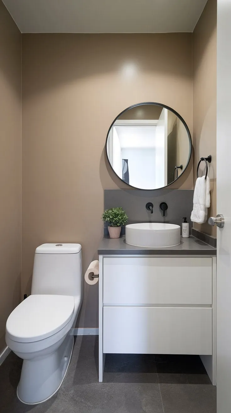This small, modern bathroom boasts a serene atmosphere, achieved with a calming beige palette, a sleek white vanity, and the subtle pop of green from a potted plant. The gray countertop and flooring add a touch of sophistication.