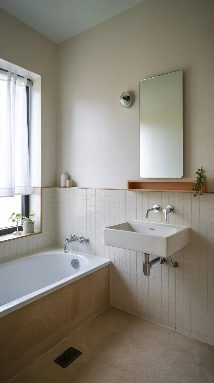 A sanctuary of calm, this minimalist bathroom offers a tranquil escape with its clean lines, soft lighting, and the gentle touch of nature. The white bathtub, wall-mounted fixtures, and wooden shelf create a space of understated elegance.