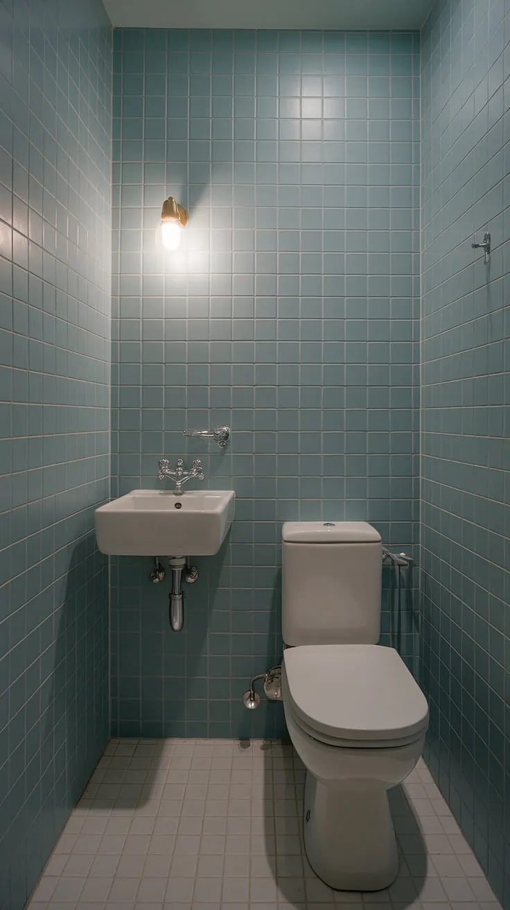 Clean lines and a tranquil palette define this small but perfectly formed bathroom. The light blue tiles and white sanitaryware offer a refreshing escape, showcasing how a little can go a long way in creating a luxurious feel.