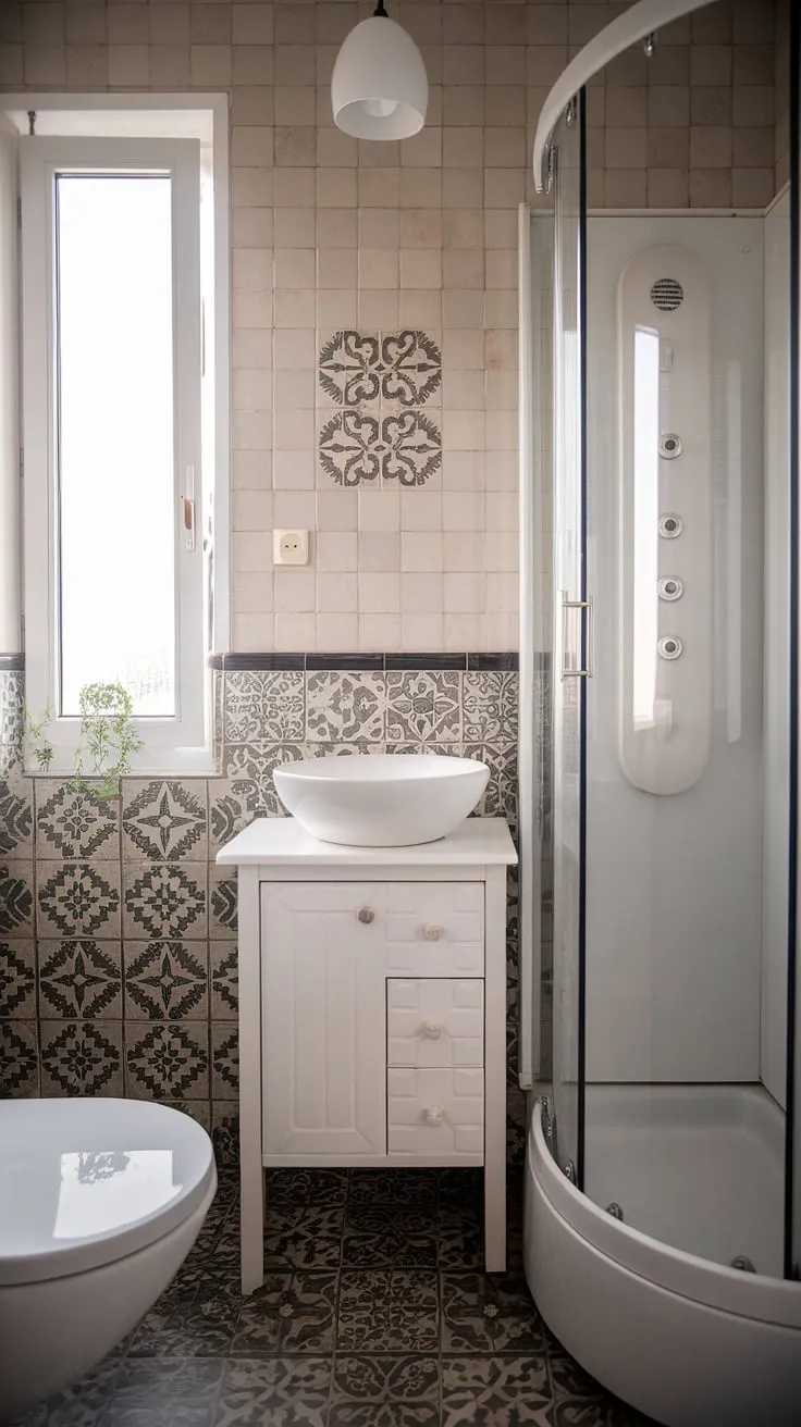 This small bathroom maximizes space and style with a clean white palette, a striking tile accent wall, and a cheerful plant adding a touch of nature. The thoughtful design proves that even a compact space can feel luxurious and inviting.