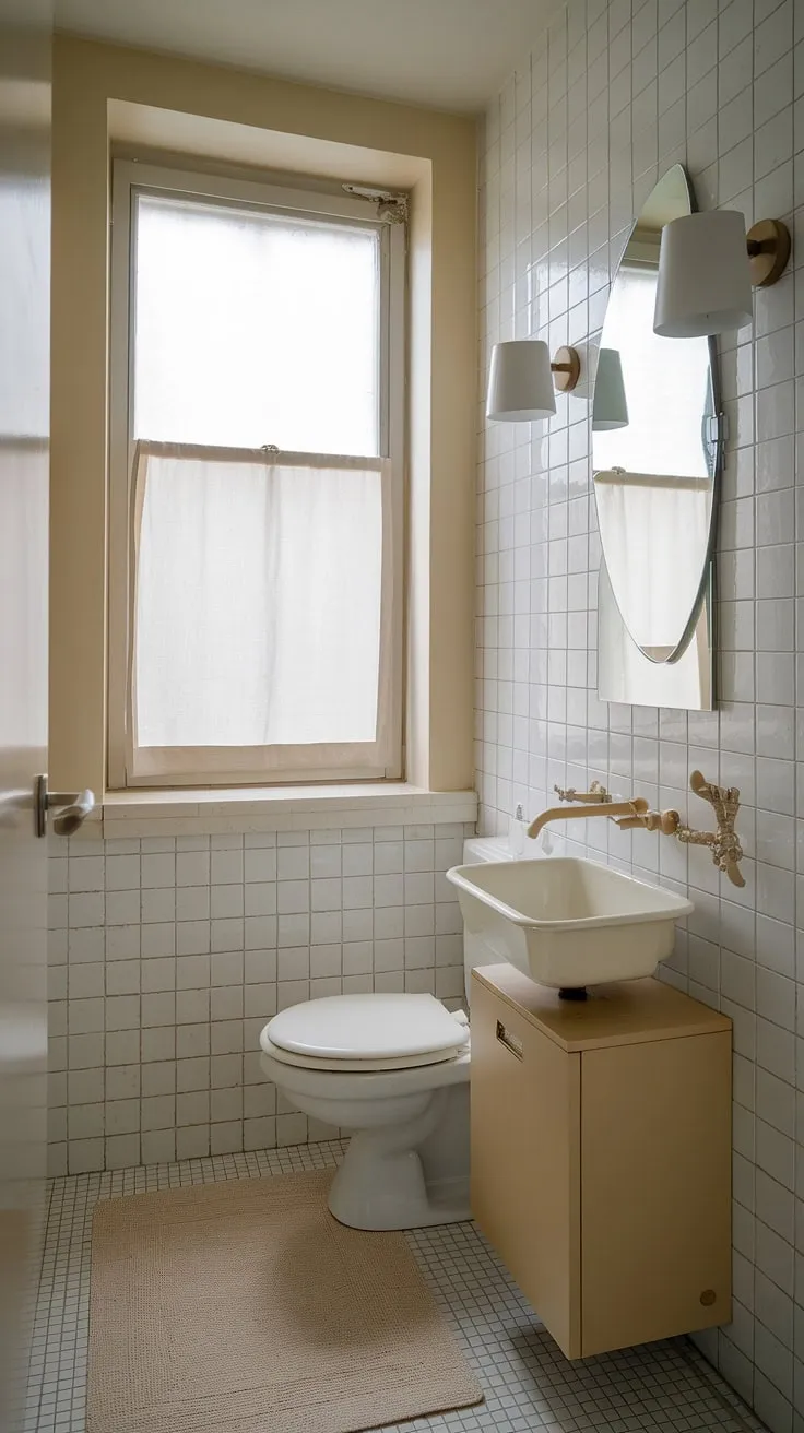 Serenity found in this minimalist bathroom. The soft beige tones and clean white fixtures create a calming oasis, perfect for unwinding after a long day. A perfect blend of functionality and understated elegance.
