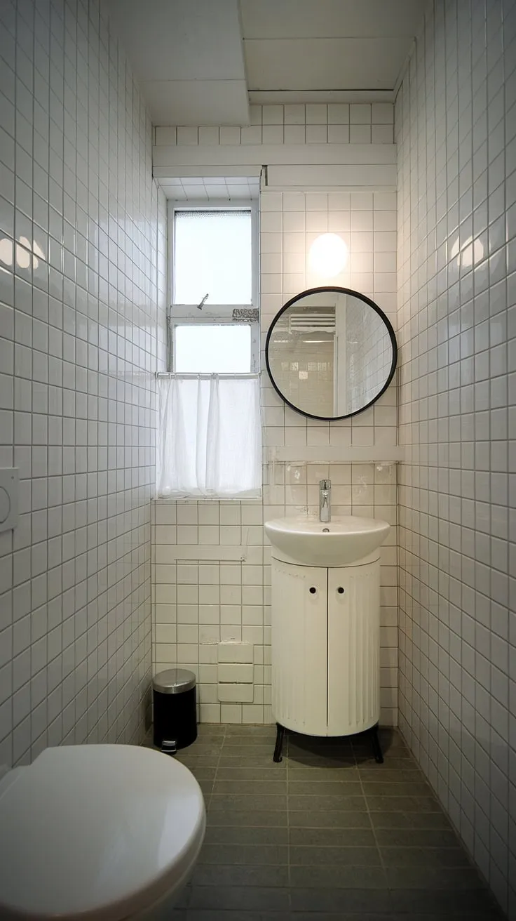 Clean lines and bright light define this minimalist bathroom, a sanctuary of calm where even the smallest details, like the sleek black bin, contribute to the overall sense of serenity. A perfect example of modern functionality and understated elegance.