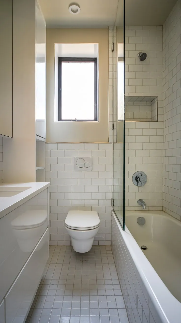 Clean lines and minimalist design define this serene powder room. The white palette, accented by grey floor tiles and a glass wall, creates a spa-like atmosphere, perfect for a quick refresh. A built-in shelf provides convenient storage, while the combination bathtub and shower offers efficient use of space.