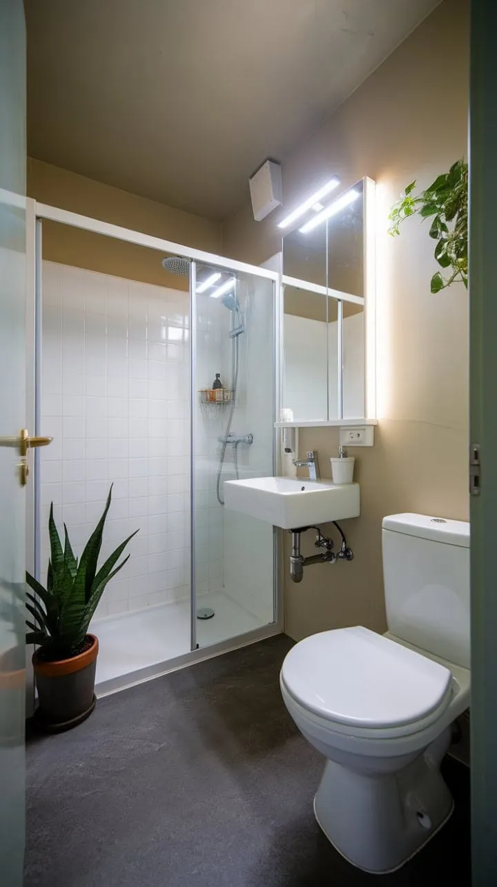 This small bathroom exemplifies the beauty of minimalism, where clean lines and soothing neutrals are enlivened by a splash of green, creating a serene sanctuary.