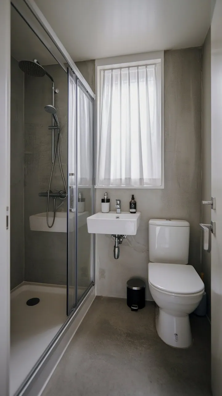 This small bathroom transforms into a serene sanctuary with its minimalist design, featuring clean lines, calming gray tones, and striking white fixtures accented by a hint of black.