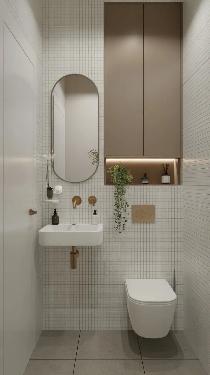 This modern bathroom blends clean lines and subtle details into a serene oasis, where functionality meets understated elegance, enhanced by soft lighting and a touch of vibrant greenery.