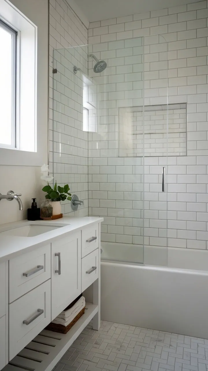 This elegantly designed powder room combines clean lines and soothing colors with natural light to create a serene and spacious modern oasis.