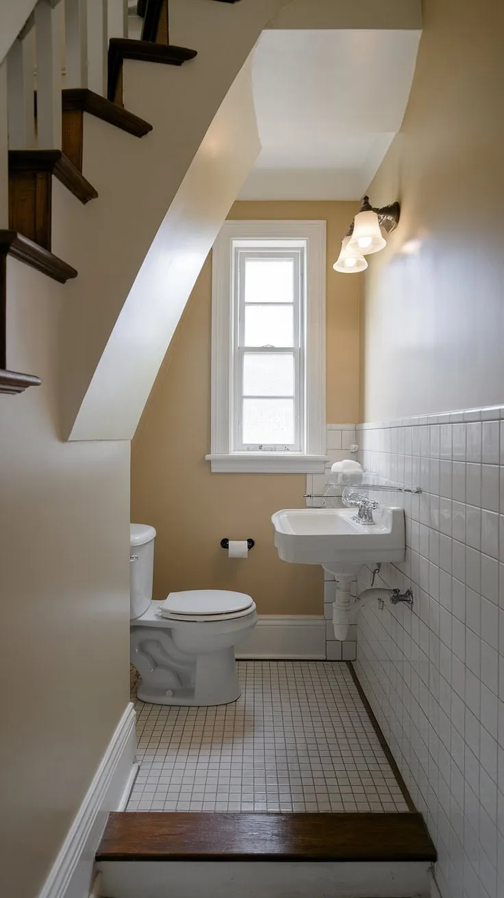 This cleverly designed guest bathroom under stairs maximizes space with a compact layout, proving that even a small bathroom ideas under stairs can be stylish and functional. The beige walls and tiled floor create a clean aesthetic, while the window above the toilet adds natural light. This understairs bathroom idea is a perfect half bath under staircase solution, offering a wc under stairs without compromising on comfort.