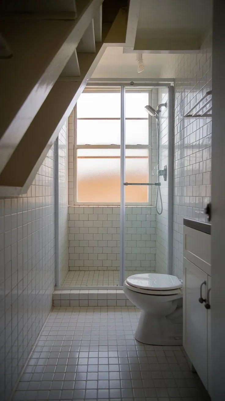 Clever use of space transforms this understairs bathroom idea into a bright and functional restroom under stairs. Perfect small bathroom ideas under stairs for maximizing a compact area.